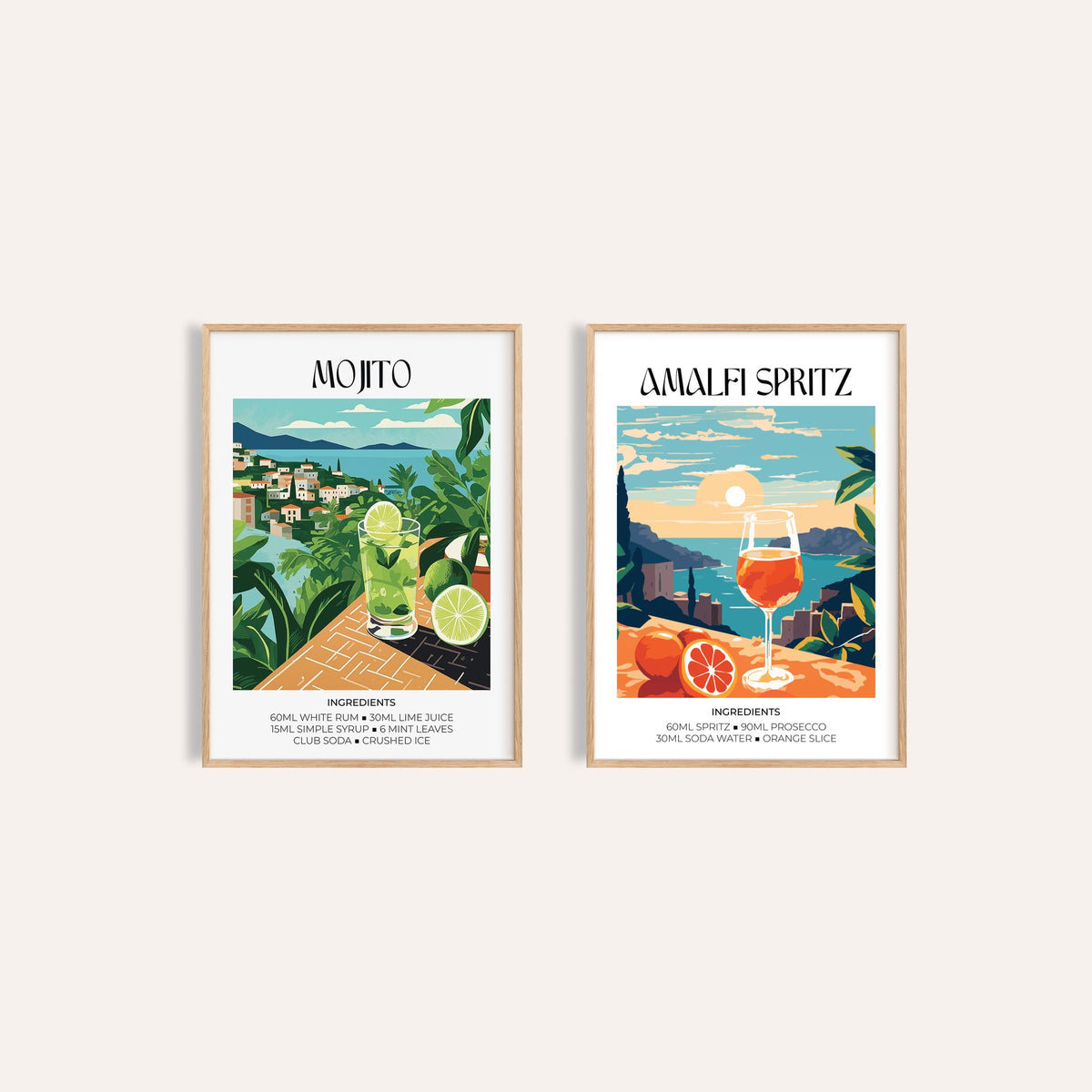 Mojito and Spritz Prints Set of 2: Mojito and Amalfi Spritz side by side, two separate unframed prints