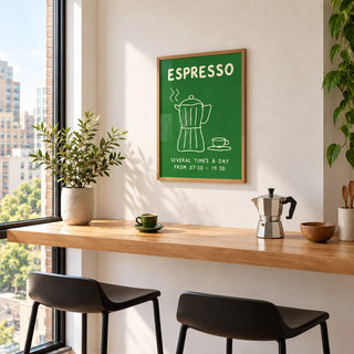 Moka Pot Print, framed on the wall above a city apartment breakfast counter