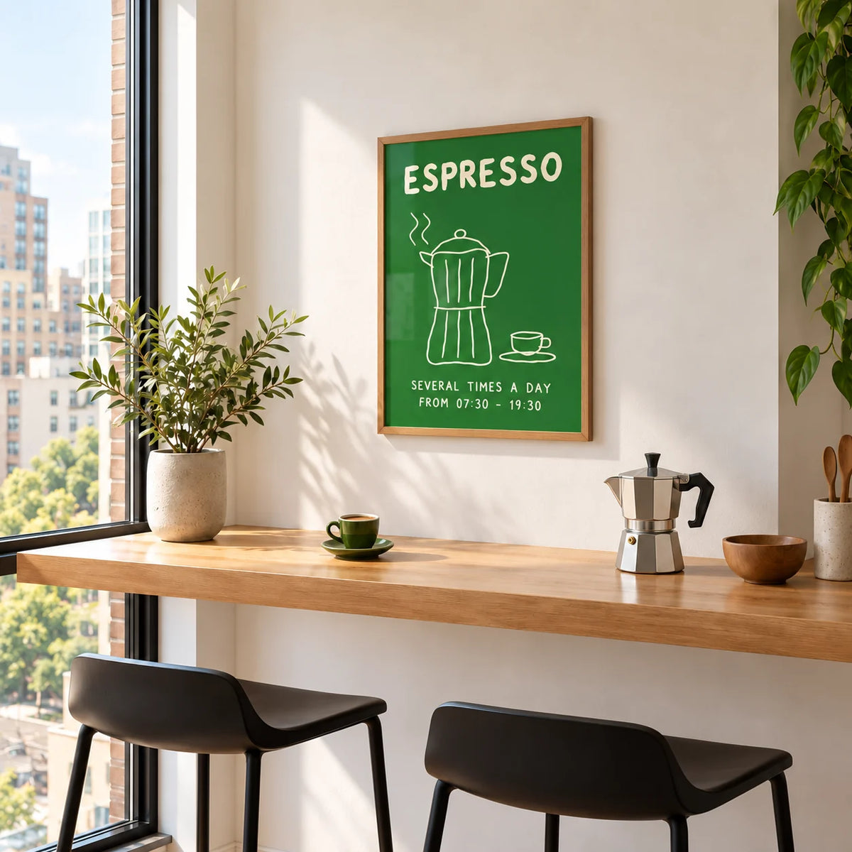 Moka Pot Print, framed on the wall above a city apartment breakfast counter
