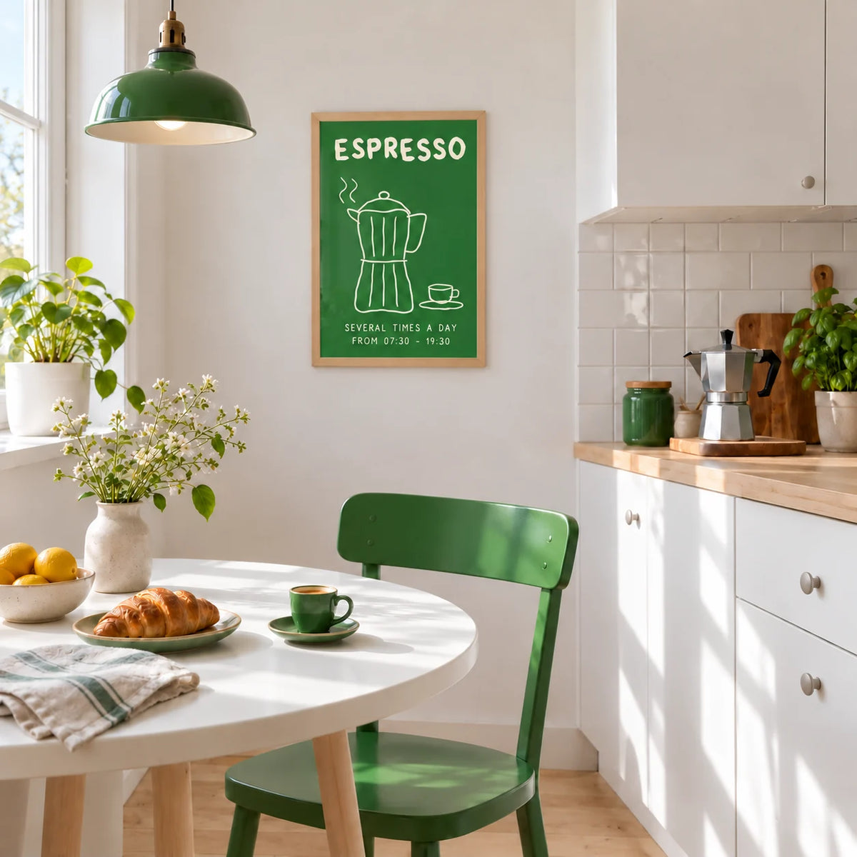 Moka Pot Print, framed on the wall of a Scandinavian kitchen with a green chair
