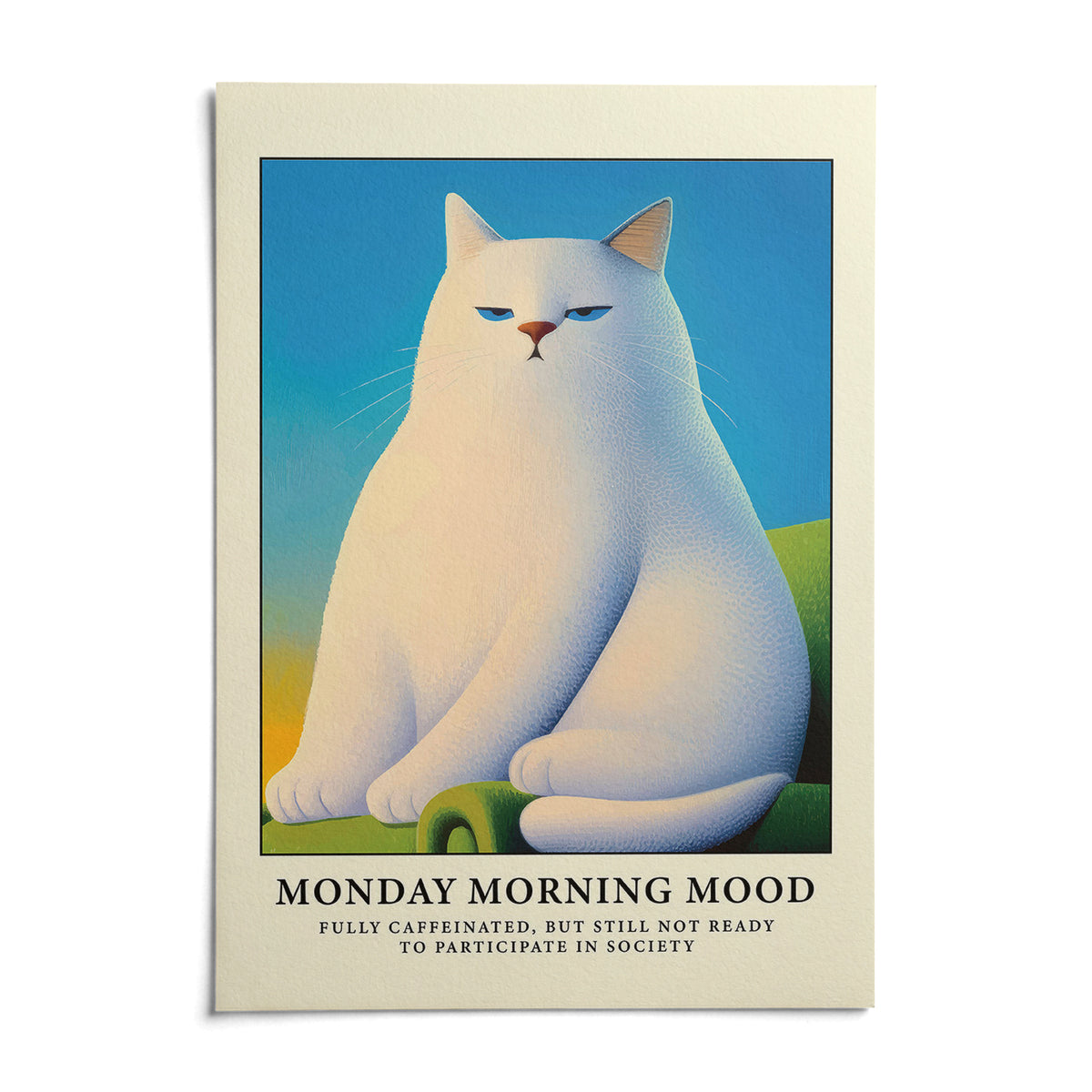 Monday Mood Cat Poster, shown as an unframed paper print on a plain white background