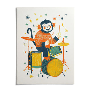 Monkey Drummer Art Print, shown as an unframed paper print on a plain white background