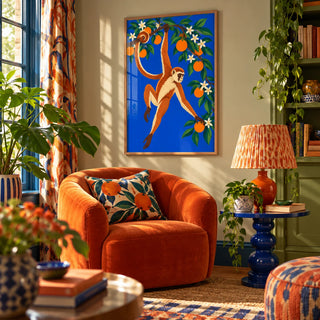 Monkey Wall Art, framed on the wall of a cosy maximalist reading nook in a living room
