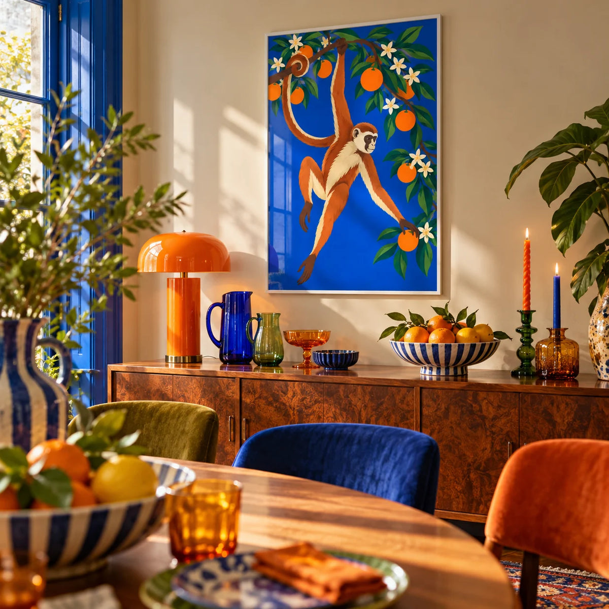 Monkey Wall Art, framed on the wall of a maximalist dining room