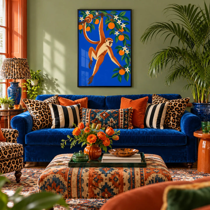 Monkey Wall Art, framed on the wall of a maximalist living room