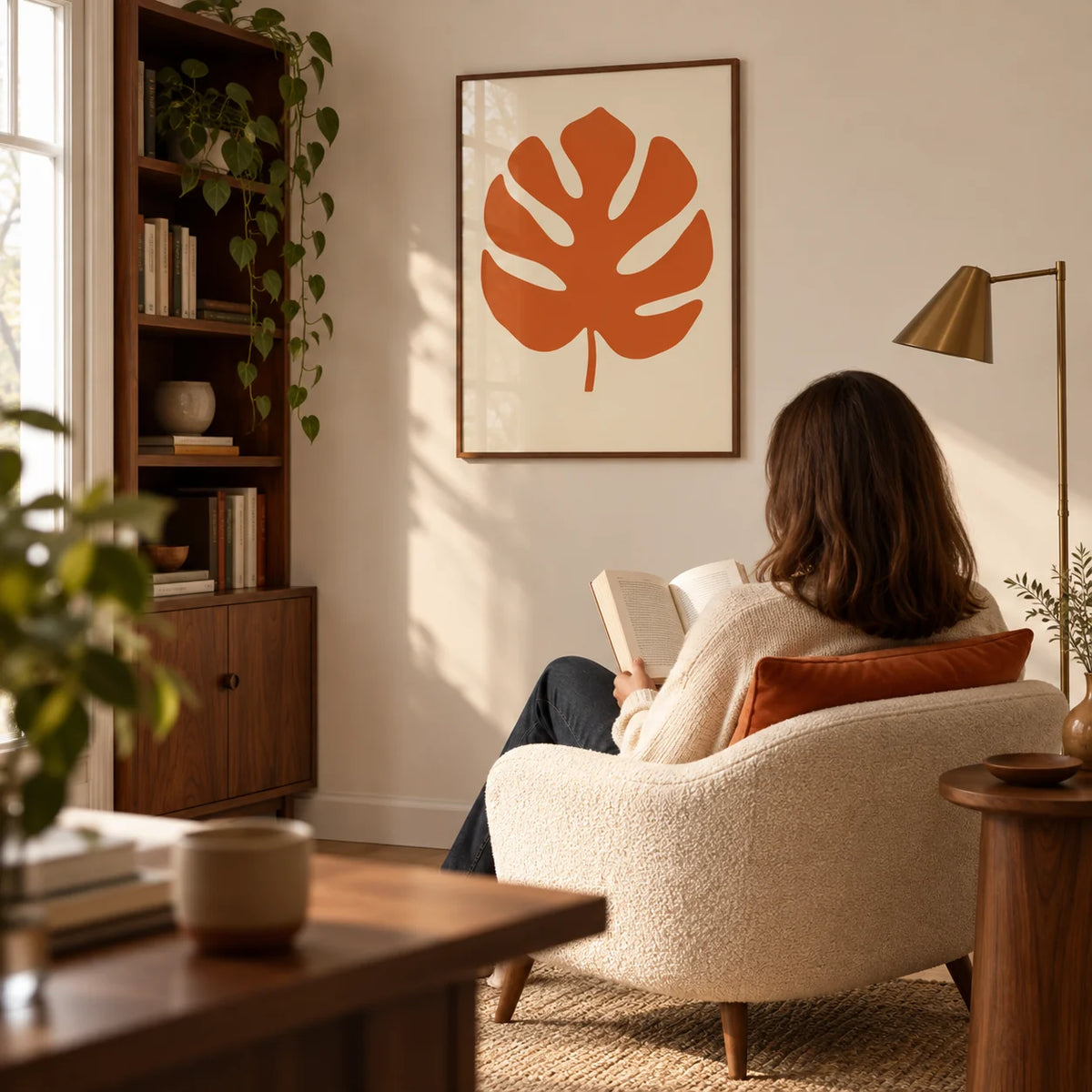 Monstera Print, framed on the wall of a compact mid-century study with a cream wall