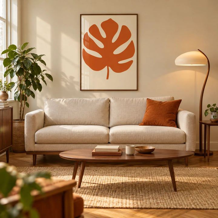 Monstera Print, framed on the wall of a mid-century living room in a UK flat with warm cream walls
