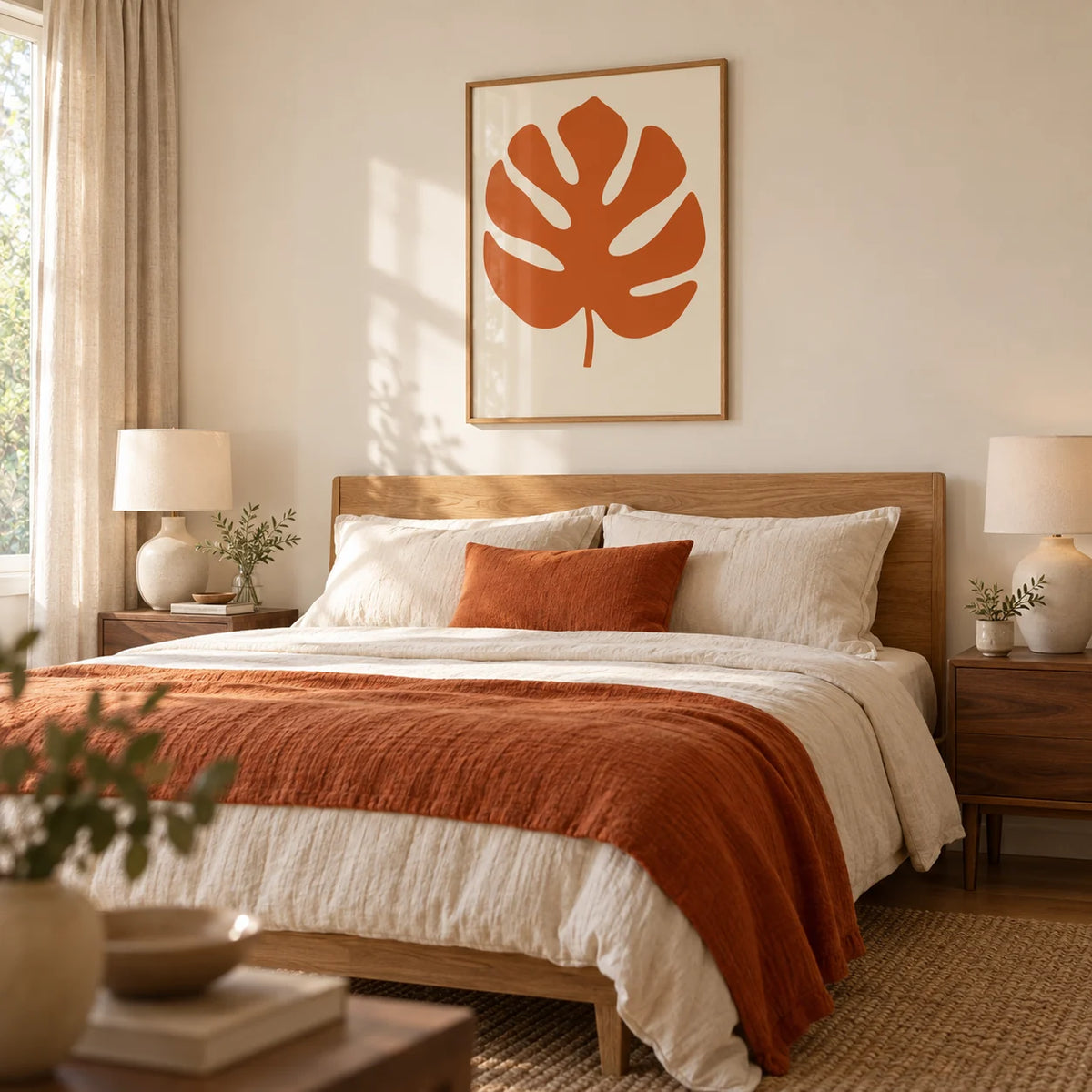 Monstera Print, framed on the wall of a warm modern bedroom with a pale cream wall and simple walnut bedside tables
