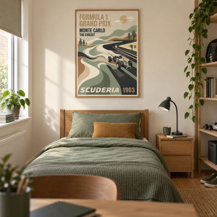 Monte Carlo Racing Poster, framed on the wall of a considered single bedroom for a motorsport-loving teenager (13-17) in a UK terraced house