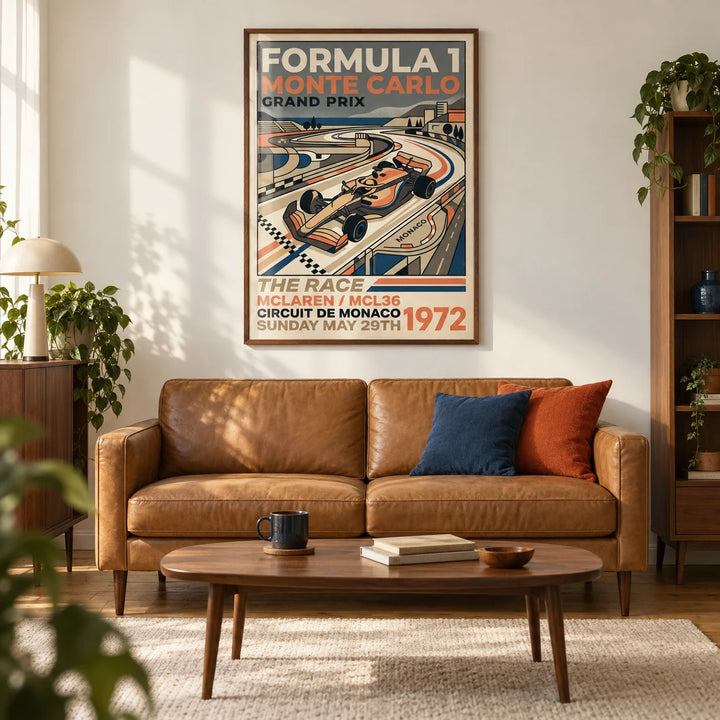 Monte Carlo Retro Racing Poster, framed on the wall of a warm retro living room in a UK first flat (22-30)