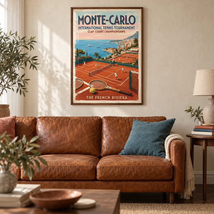 Monte Carlo Tennis Print, framed on the wall of a warm characterful living room with a cream limewashed wall and a dark wood floor