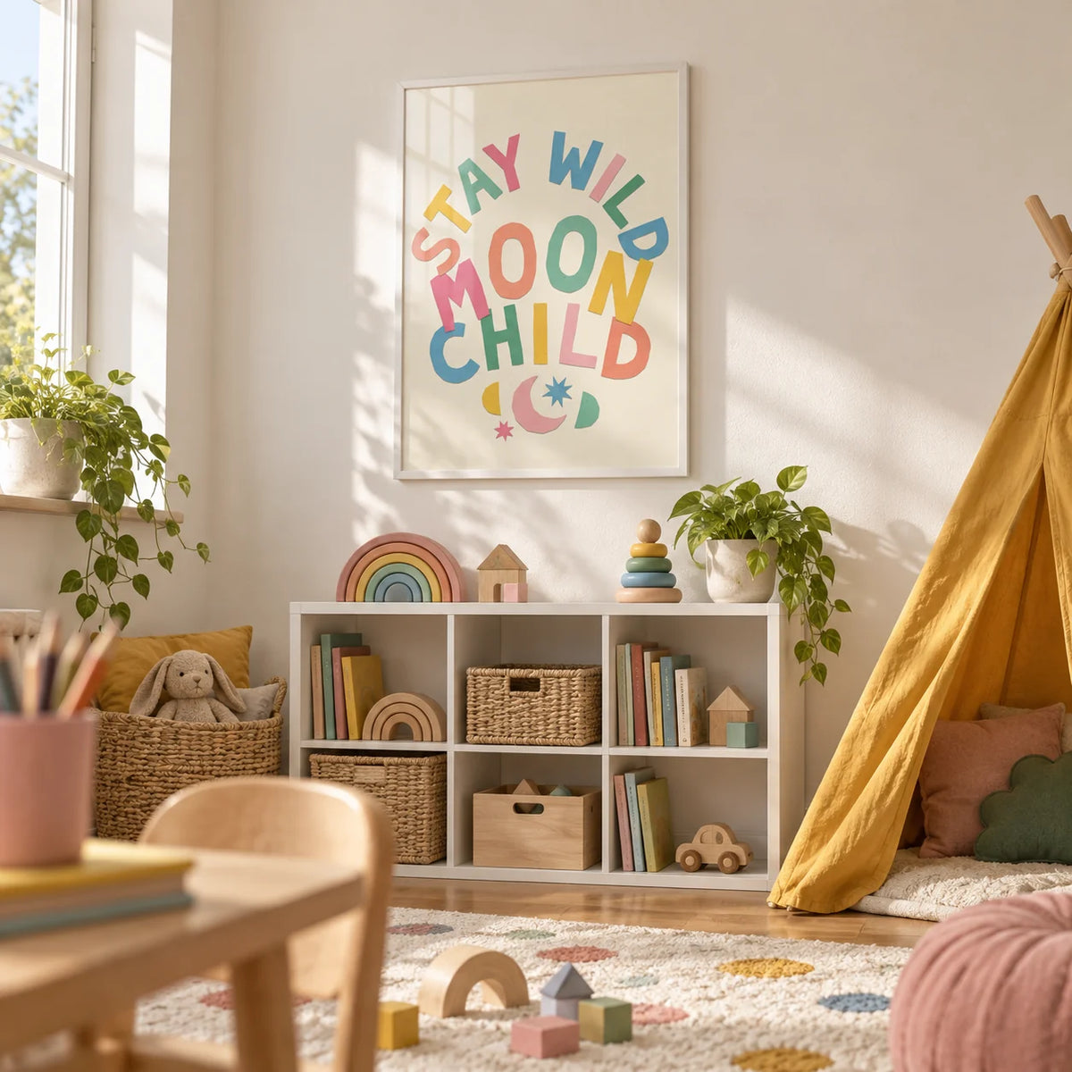 Moon Child Wall Art, framed on the wall of a bright playroom