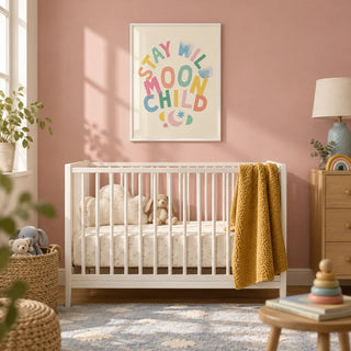 Moon Child Wall Art, framed on the wall of a calm nursery with a dusty pink painted wall