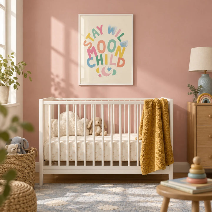 Moon Child Wall Art, framed on the wall of a calm nursery with a dusty pink painted wall
