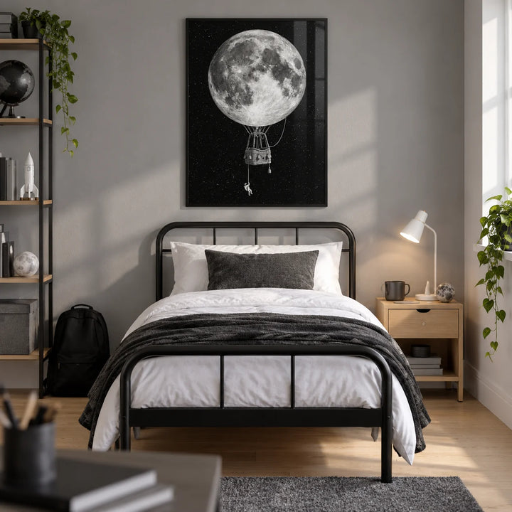 Moon Hot Air Balloon Art, framed on the wall of a modern single bedroom for a space-loving teenager (13-17) in a UK family home