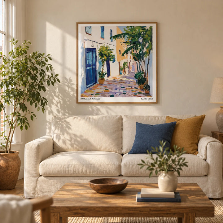 Morocco Wall Art, framed on the wall of a warm living room in a UK terraced house with cream limewashed walls and an oak floor