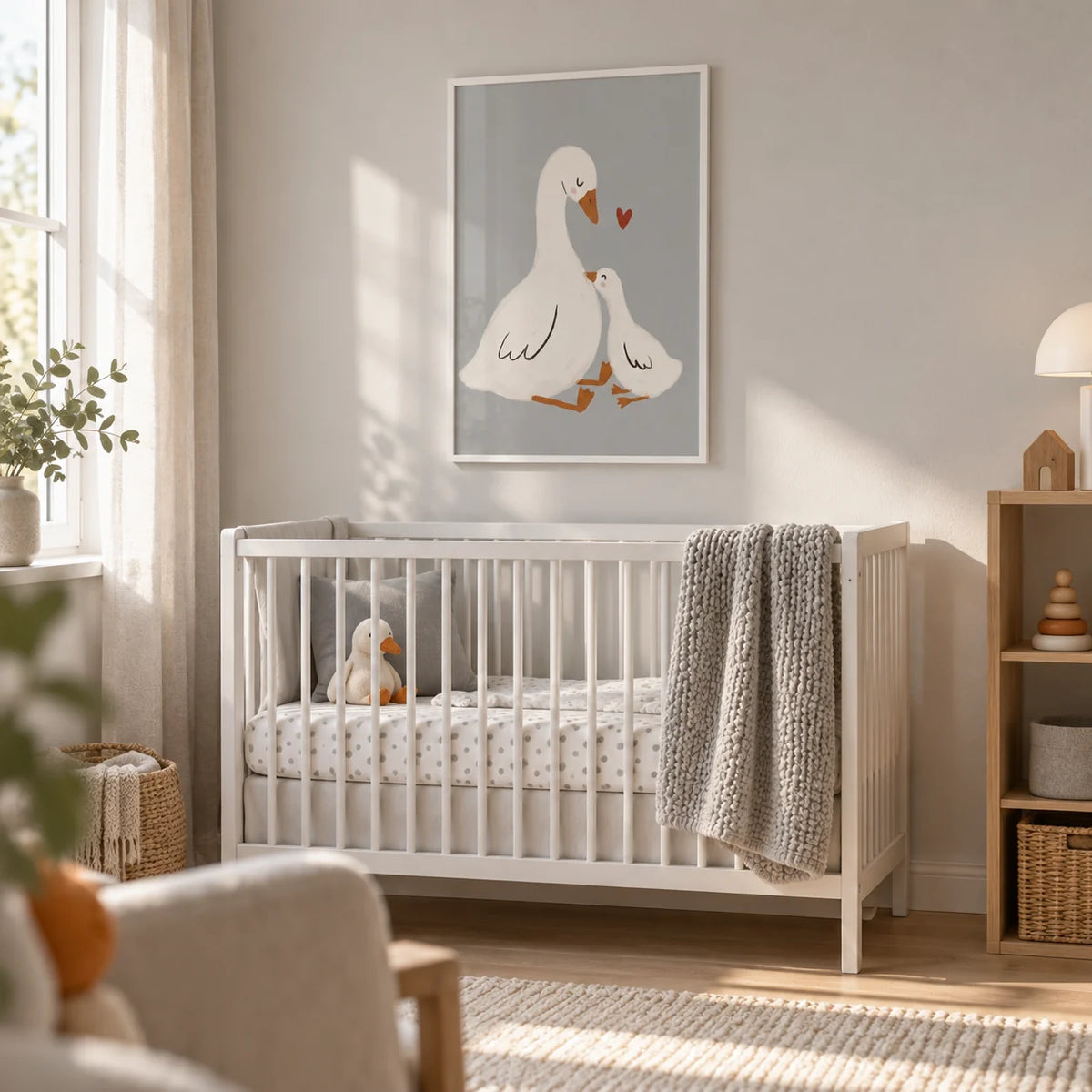 Mother Goose Art Print, framed on the wall of a calm nursery