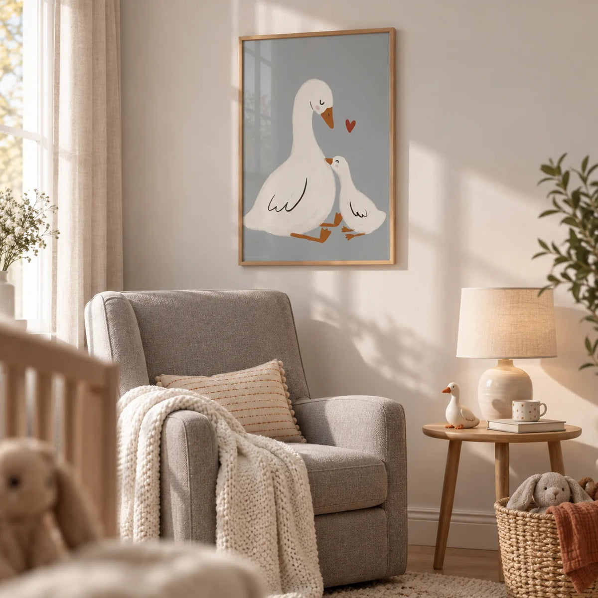 Mother Goose Art Print, framed on the wall of a cosy nursery corner