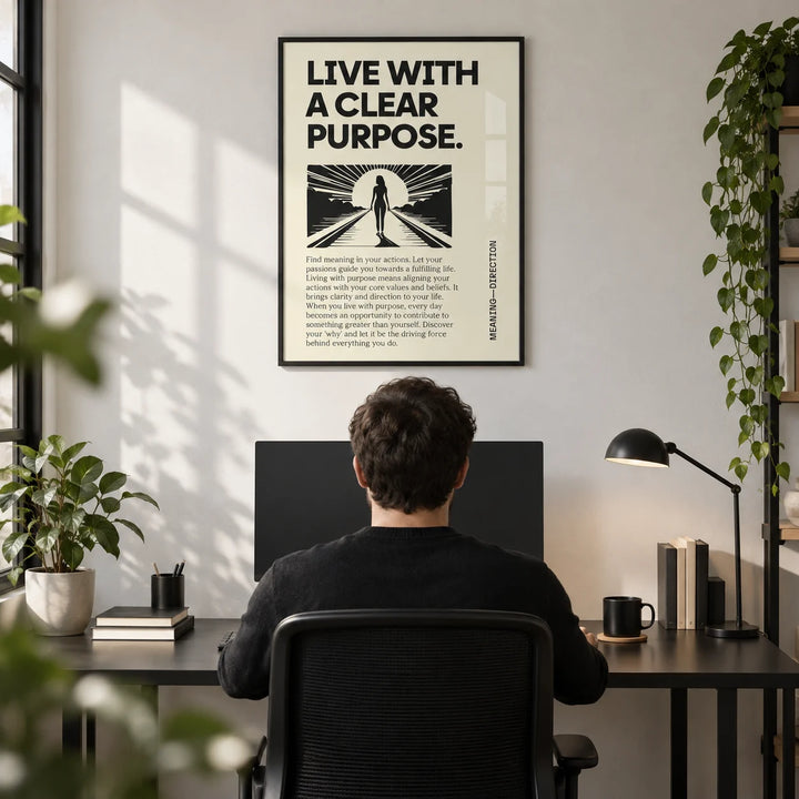 Motivational Poster, framed on the wall of a focused home office with a white wall
