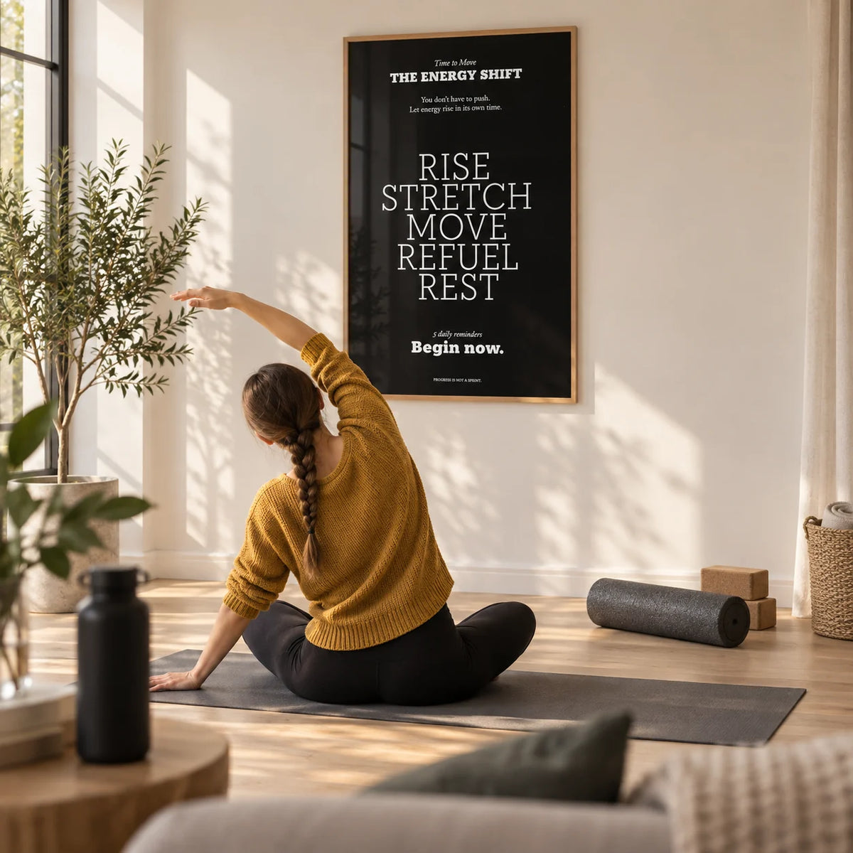 Motivational Posters with Quotes, framed on the wall of a bright home yoga studio with pale oak floorboards in a home office