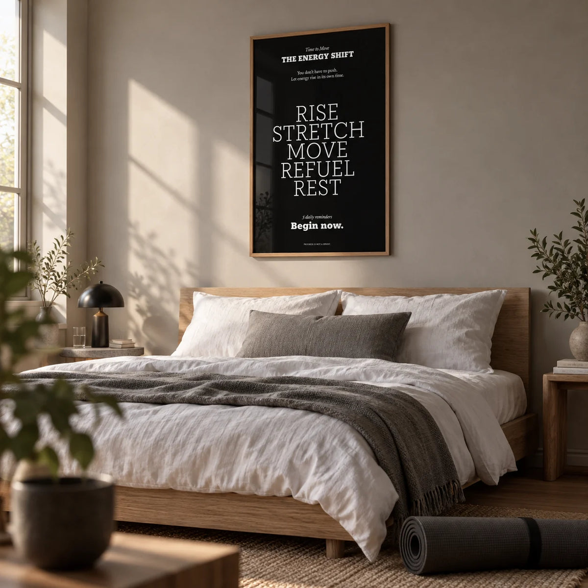 Motivational Posters with Quotes, framed on the wall of a calm bedroom with a warm grey wall