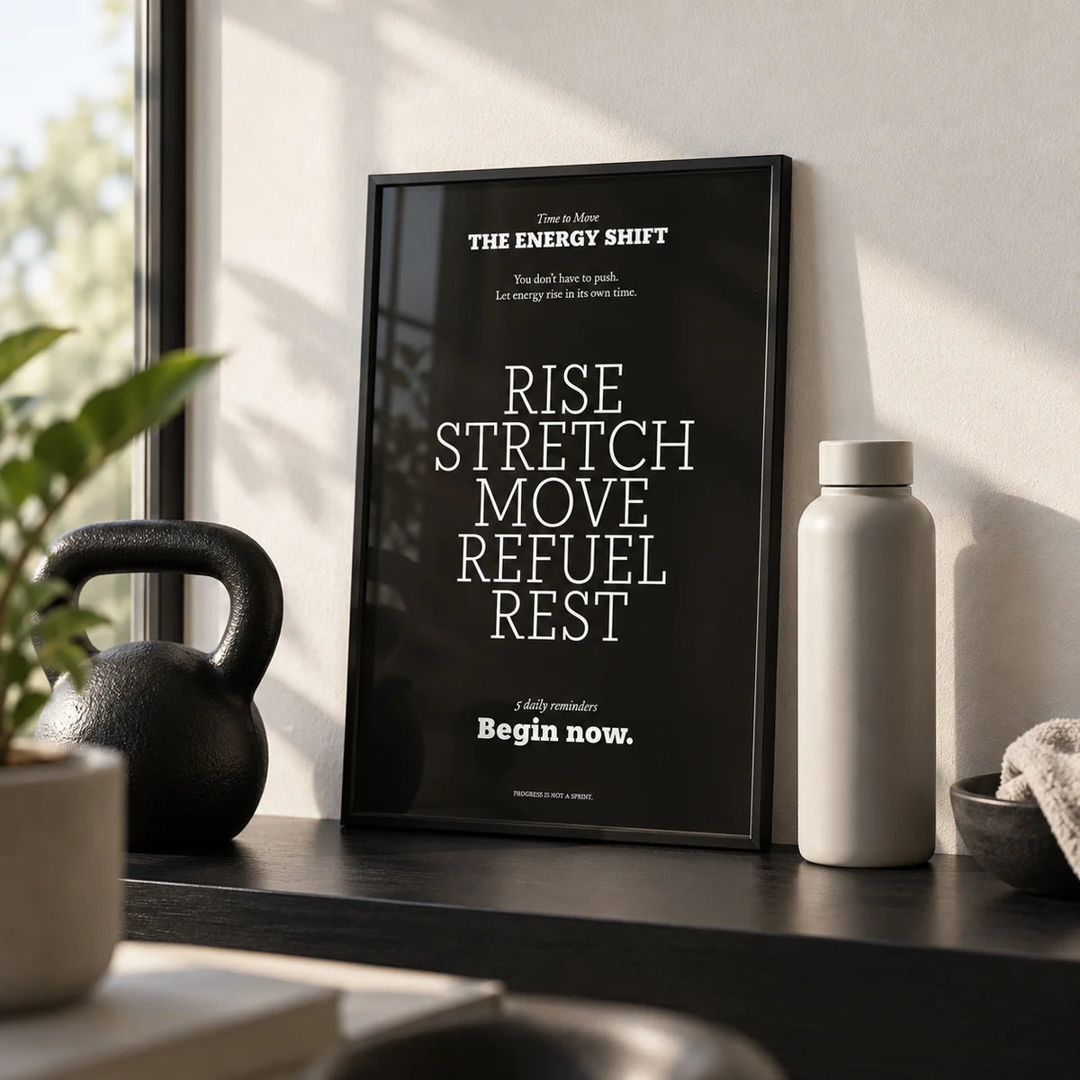 Motivational Posters with Quotes, a small A4 framed print leaning on a black shelf in a living room