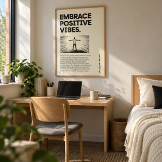 Motivational Quote Poster, framed on the wall of a tidy uni bedroom (18-21)
