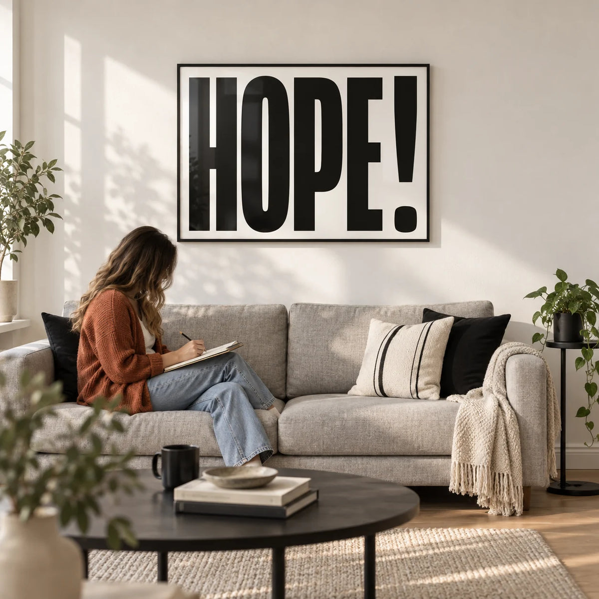 Motivational Work Posters, framed on the wall of a bright modern living room with a white wall and a pale oak floor