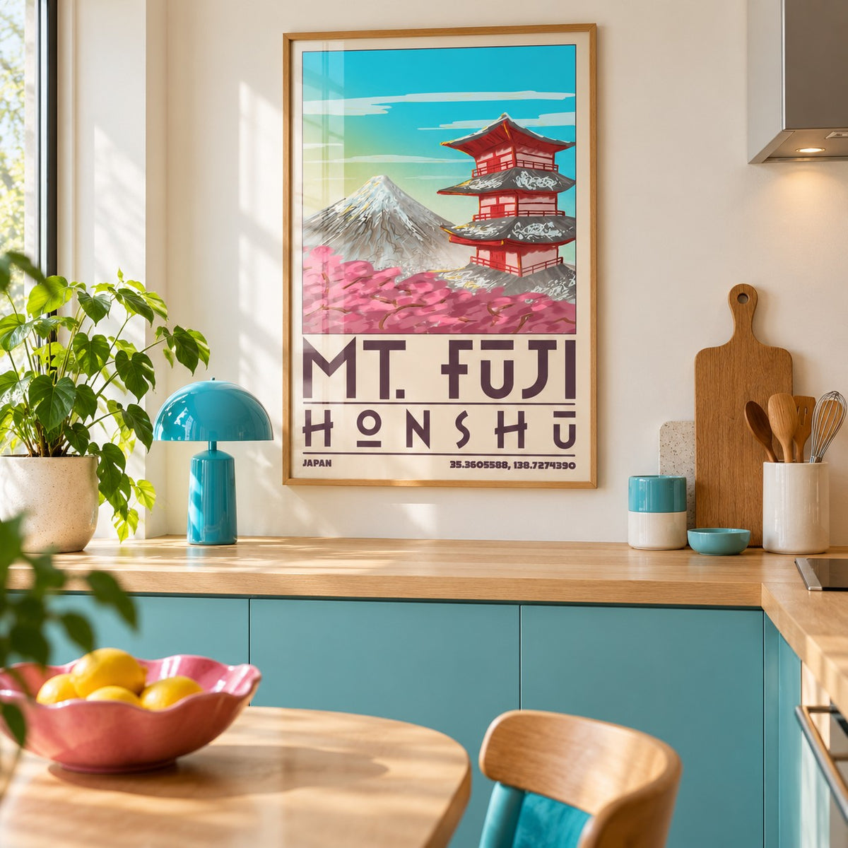 Mount Fuji Pagoda Poster above the worktop in a minimalist kitchen (frame not included)