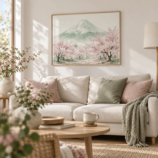Mount Fuji Print, framed on the wall of a calm Scandinavian living room