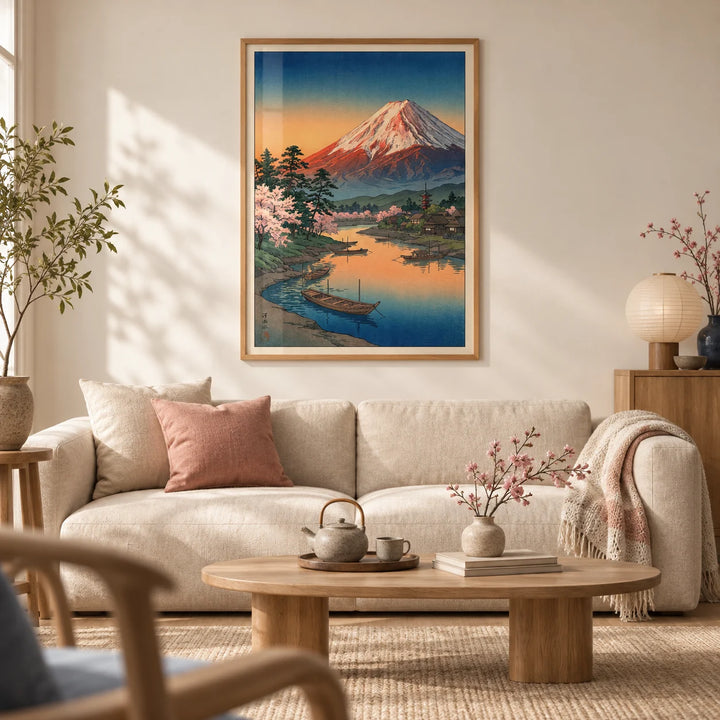 Mount Fuji Sunset Poster, framed on the wall of a calm Japandi living room with a warm white wall and a pale oak floor