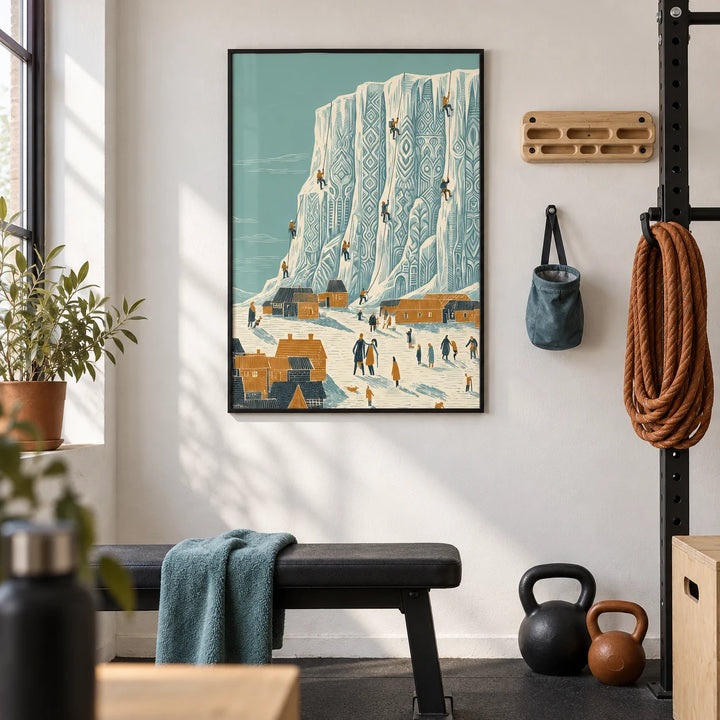 Mountain Climbing Art Print, framed on the wall of a home gym in a garage conversion with a white wall