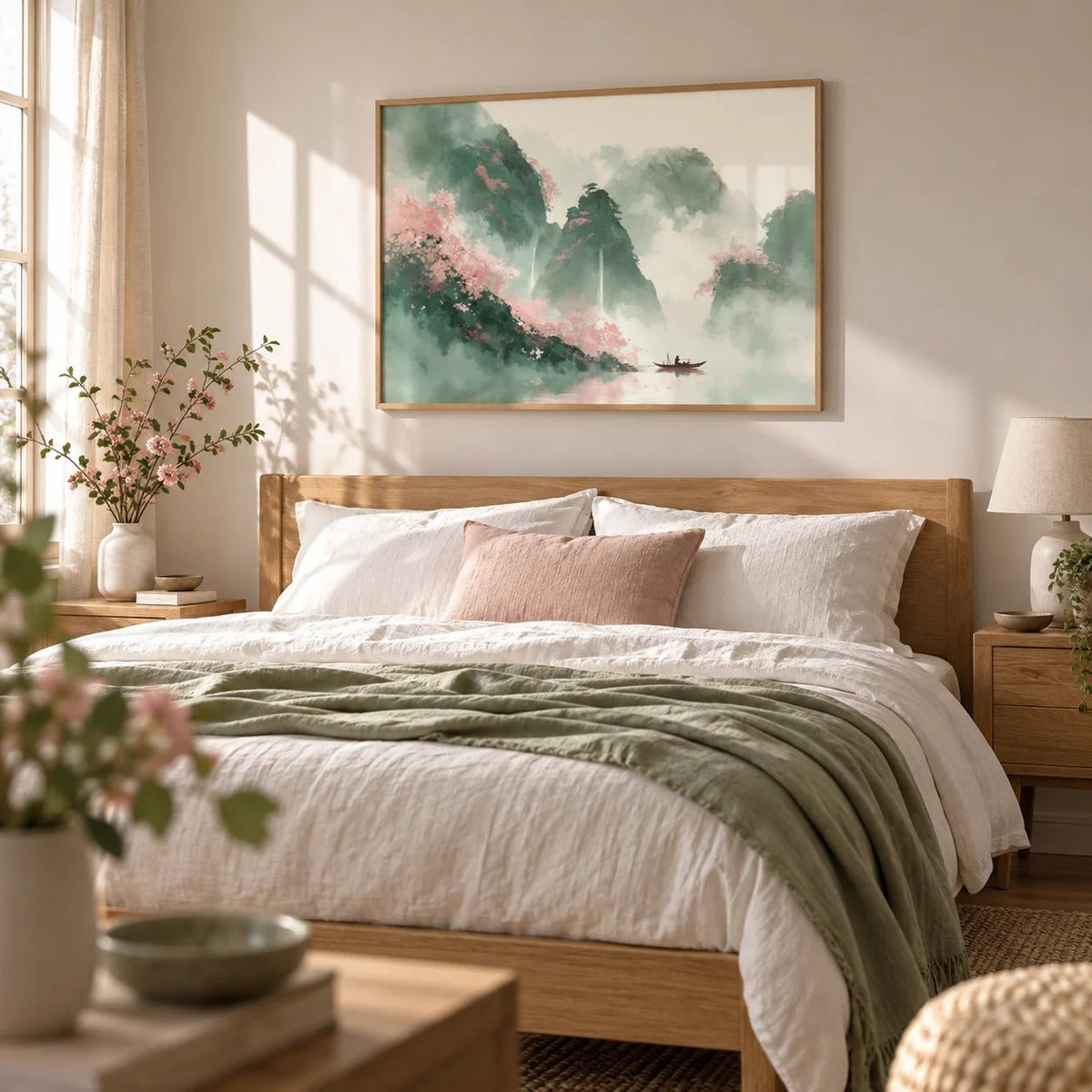 Mountain Landscape Art Print, framed on the wall of a serene bedroom