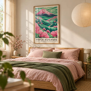 Mountain Landscape, framed on the wall of a calm bedroom with a warm white wall