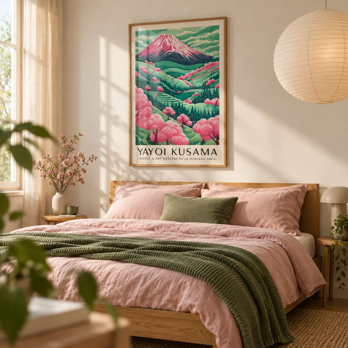 Mountain Landscape, framed on the wall of a calm bedroom with a warm white wall
