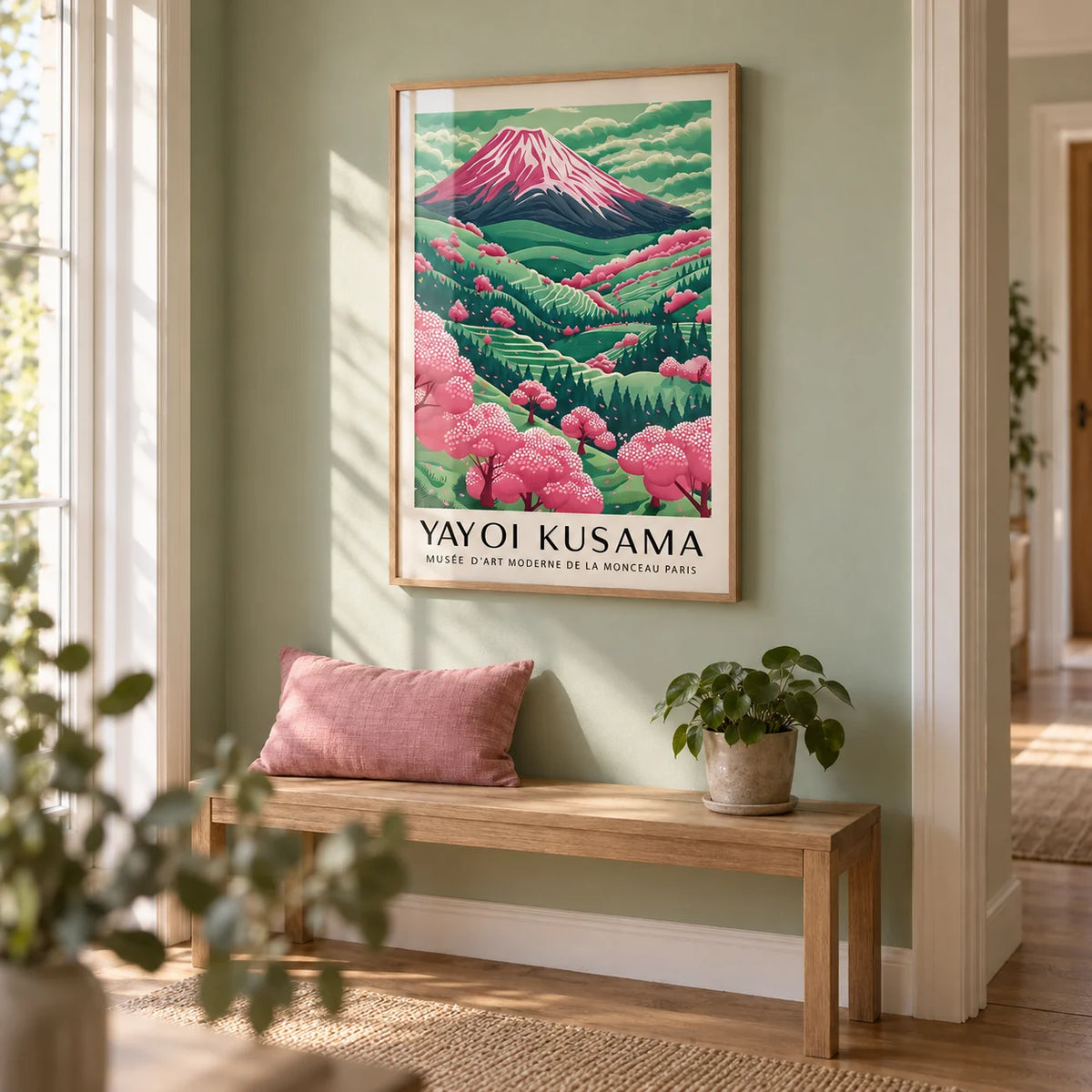 Mountain Landscape, framed on the wall of a calm hallway with a pale sage wall