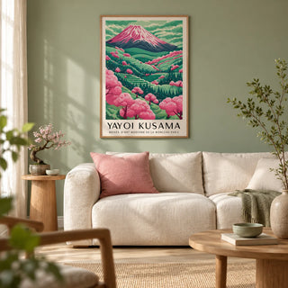 Mountain Landscape, framed on the wall of a calm Japandi living room with a soft sage green wall and a pale oak floor