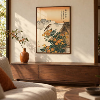 Mountain Landscape Poster, framed on the wall of a Japanese-modern living room with a warm cream plaster wall