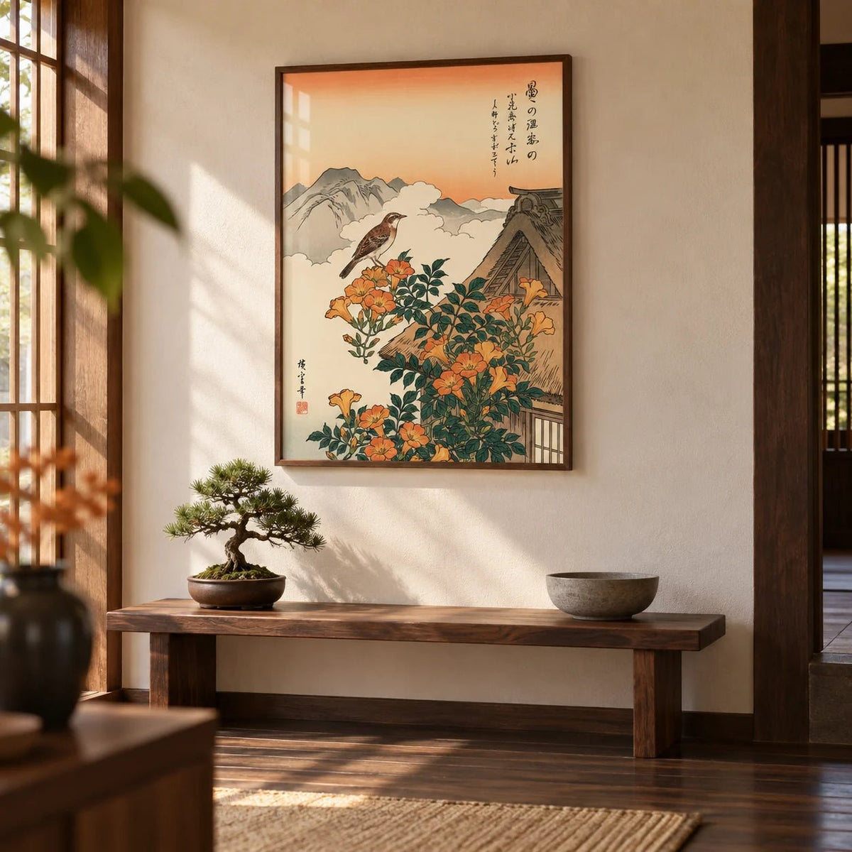 Mountain Landscape Poster, framed on the wall of a Japanese-style entrance hall with dark wood floorboards and a cream wall