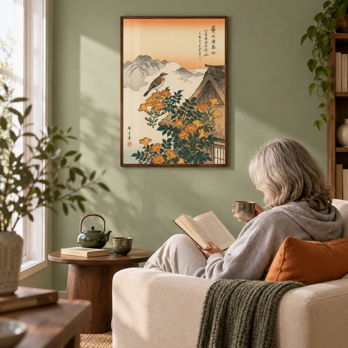 Mountain Landscape Poster, framed on the wall of a reading corner with a soft sage green wall in a living room