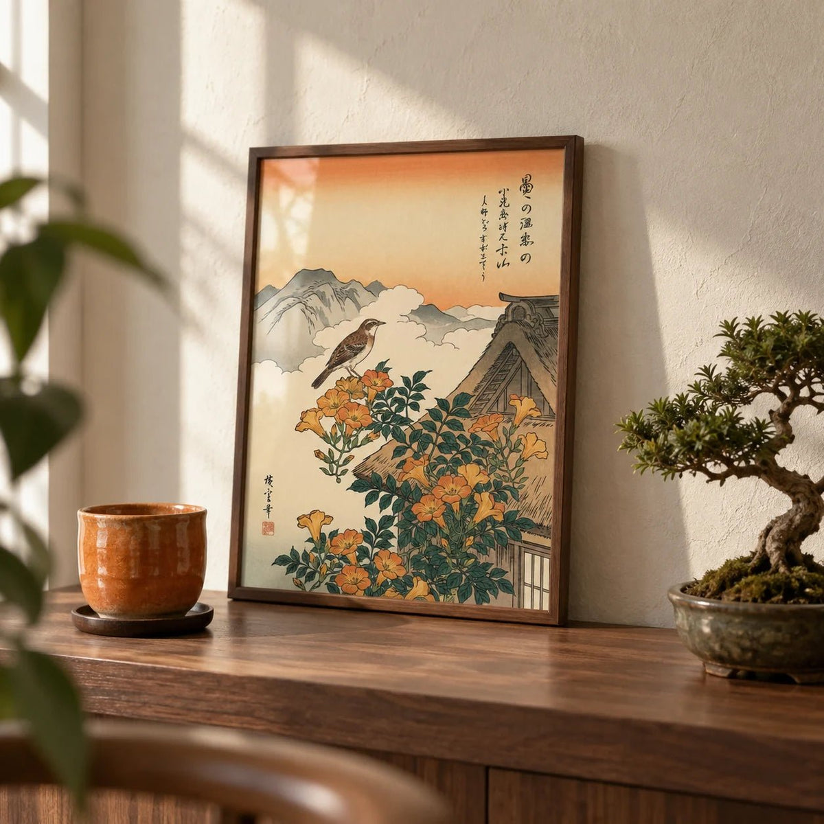 Mountain Landscape Poster, a small A4 framed print leaning on a walnut shelf in a living room