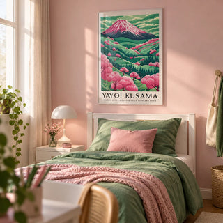 Mountain Landscape, framed on the wall of a pretty single bedroom for a teen girl (13-17) with a soft pink wall