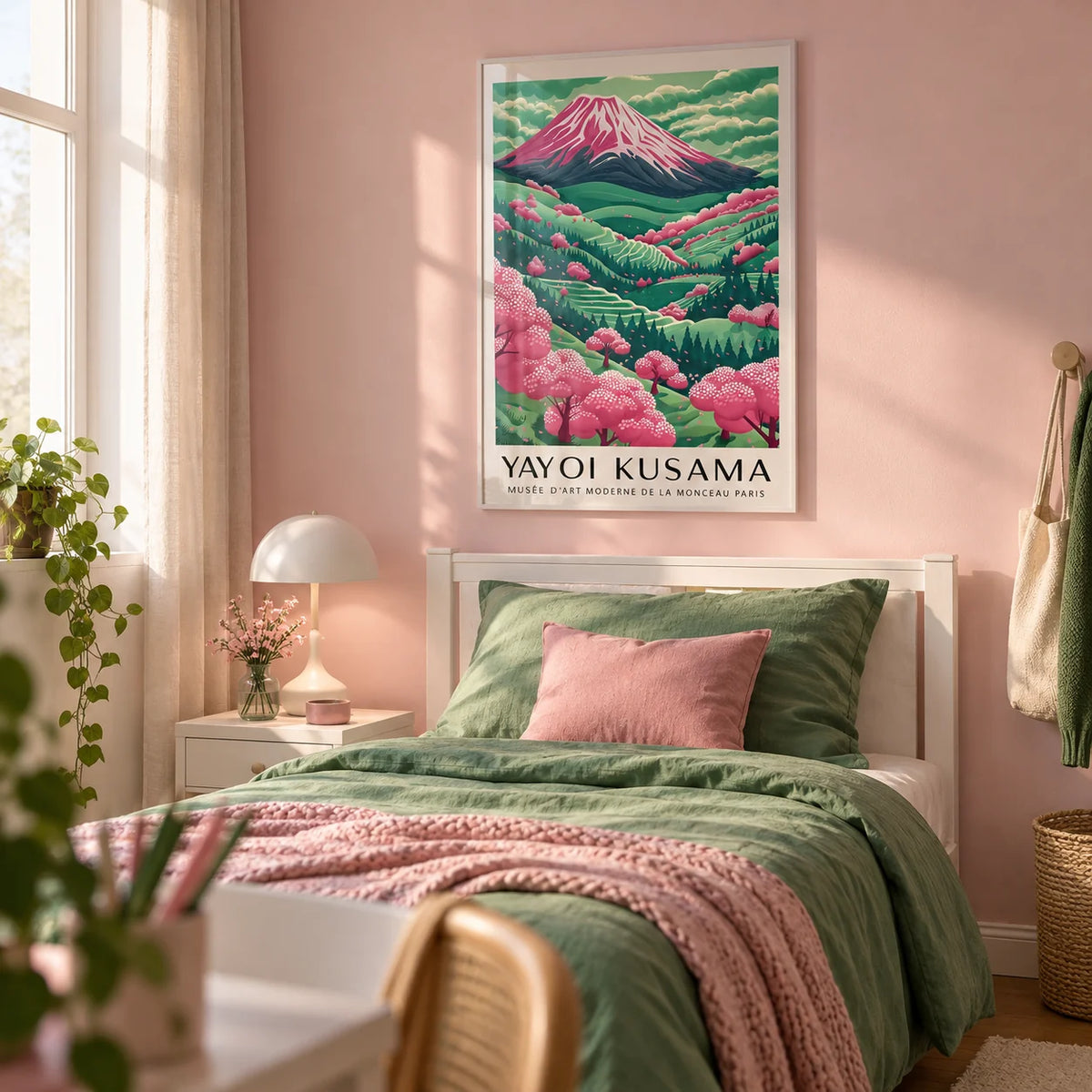 Mountain Landscape, framed on the wall of a pretty single bedroom for a teen girl (13-17) with a soft pink wall