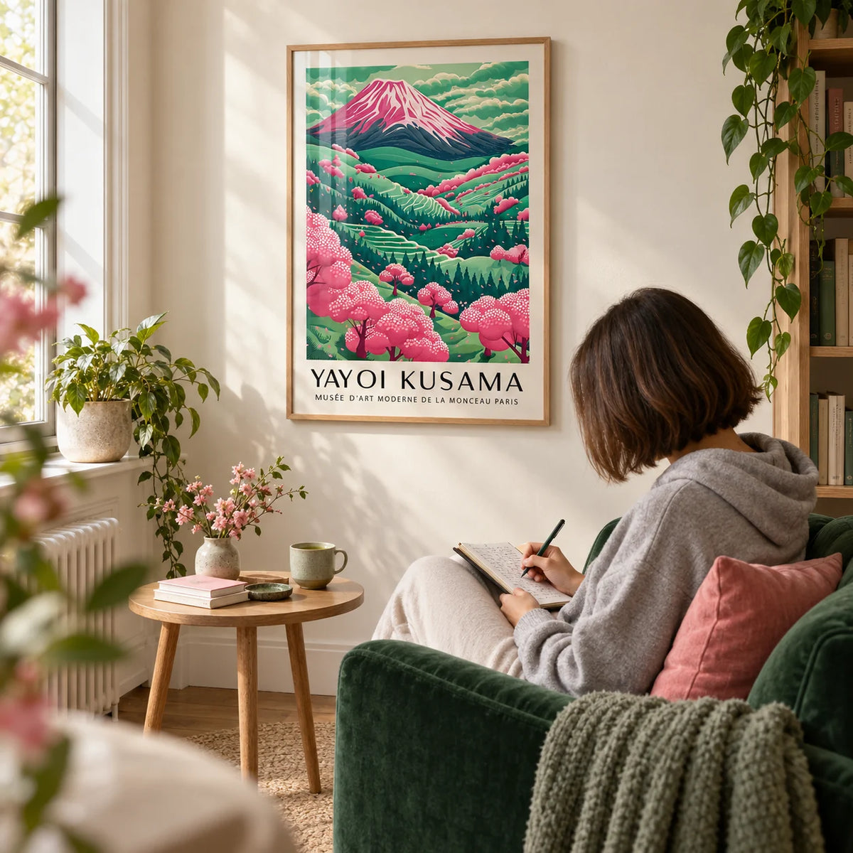 Mountain Landscape, framed on the wall of a quiet reading corner with a cream wall in a living room