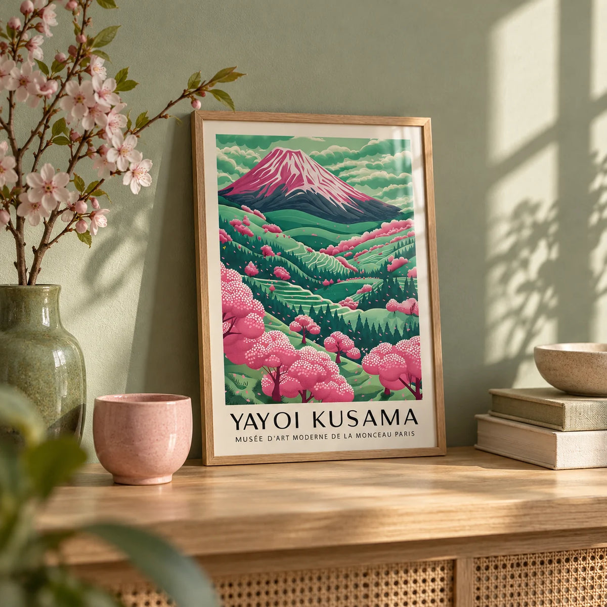 Mountain Landscape, a small A4 framed print leaning on a pale oak shelf in a living room
