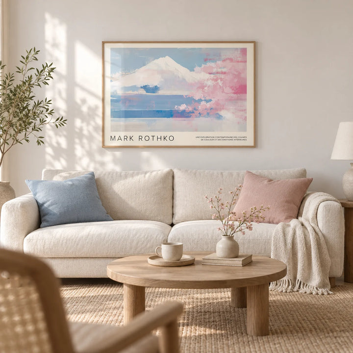 Mountain Landscape Wall Art, framed on the wall of a calm Japandi living room with a soft white wall and a pale oak floor