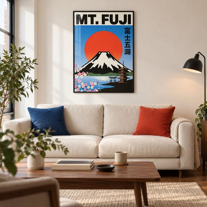 Mt Fuji Wall Art, framed on the wall of a modern living room in a UK city flat with warm white walls