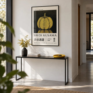 Mushroom Wall Art, framed on the wall of a crisp hallway with a white wall and a pale grey floor