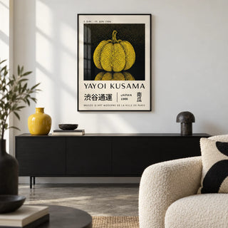 Mushroom Wall Art, framed on the wall of a design-led living room with a white wall and a polished concrete floor