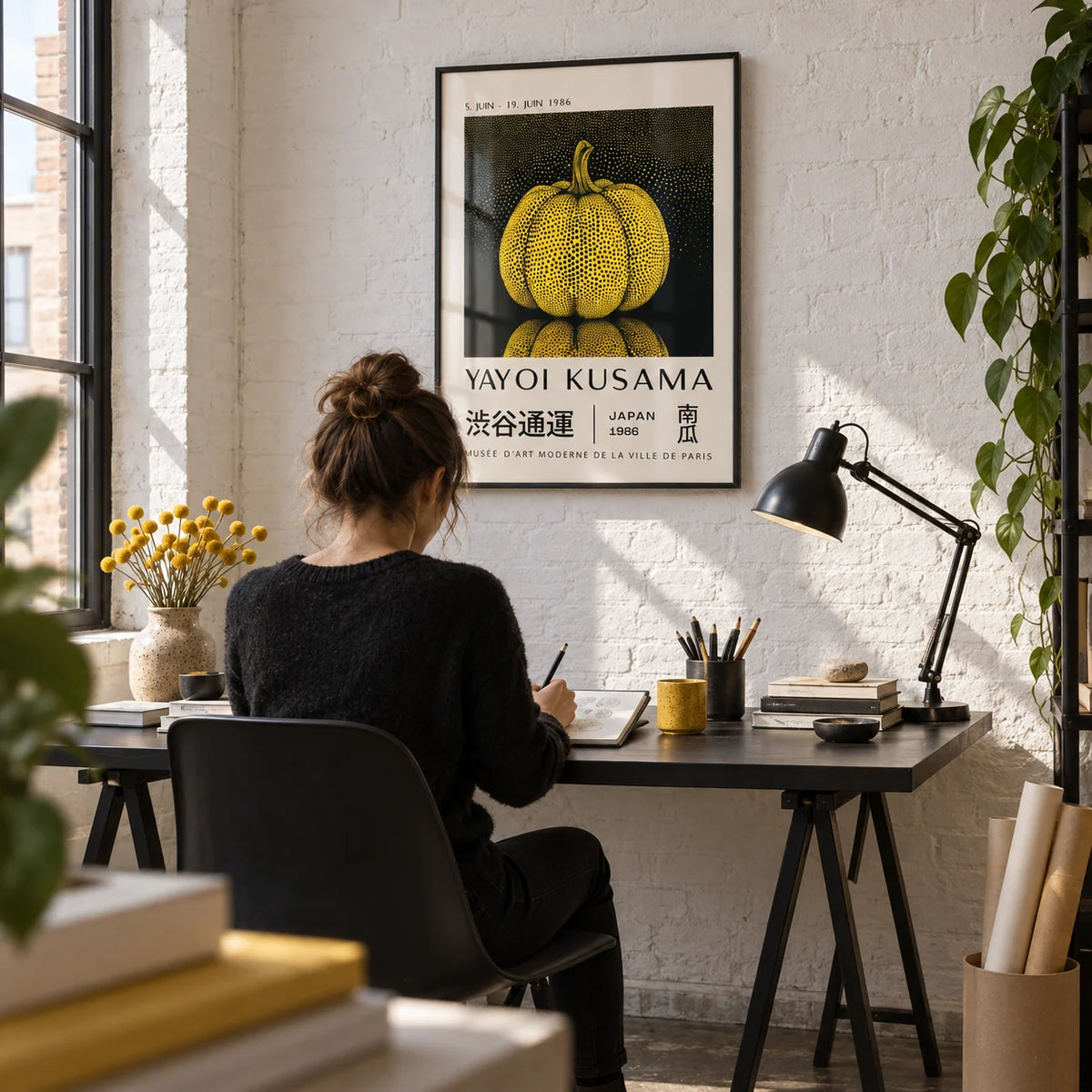 Mushroom Wall Art, framed on the wall of a design studio corner with a white brick wall in a home office
